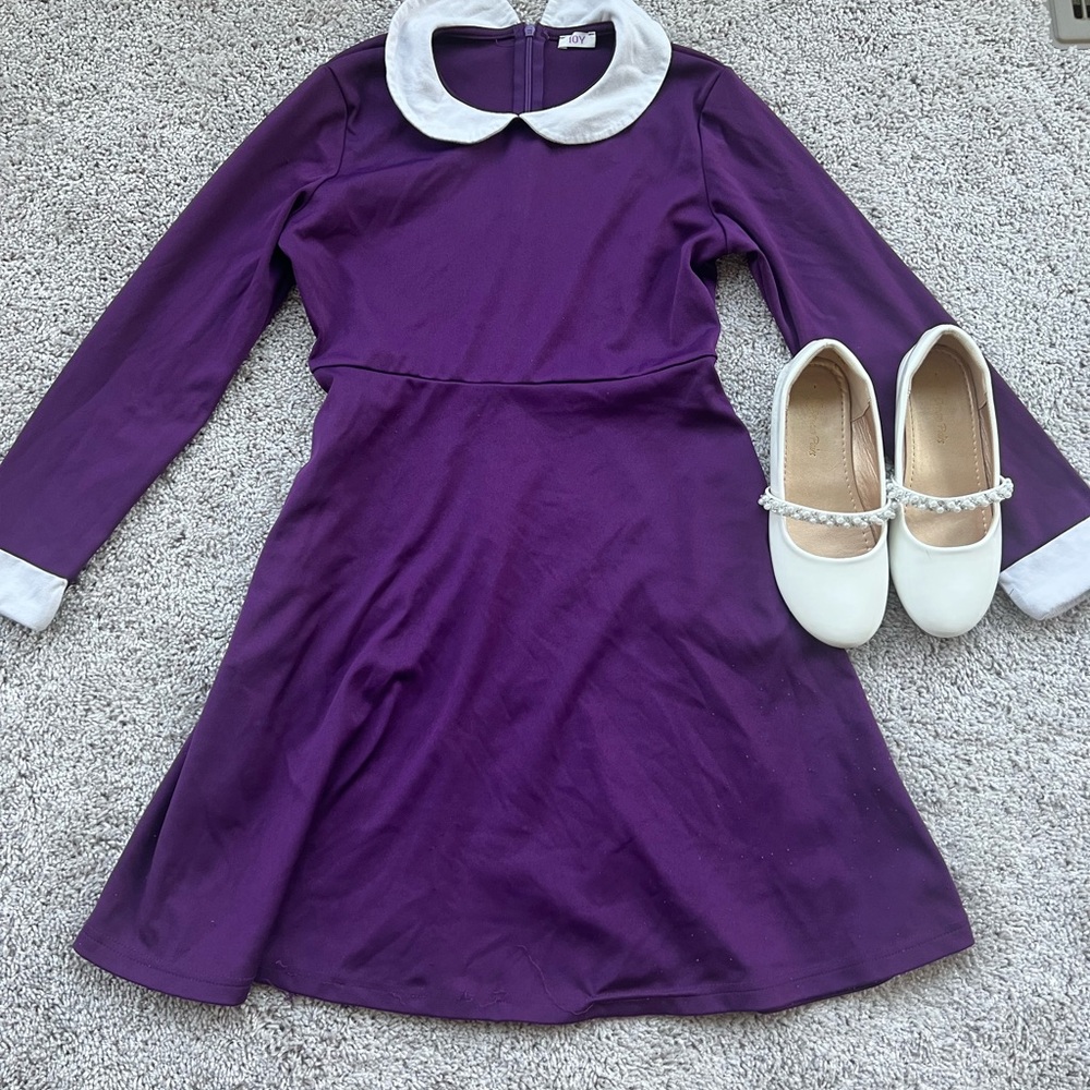 Purple Dress with White Collar and Cuffs. Back zips up.